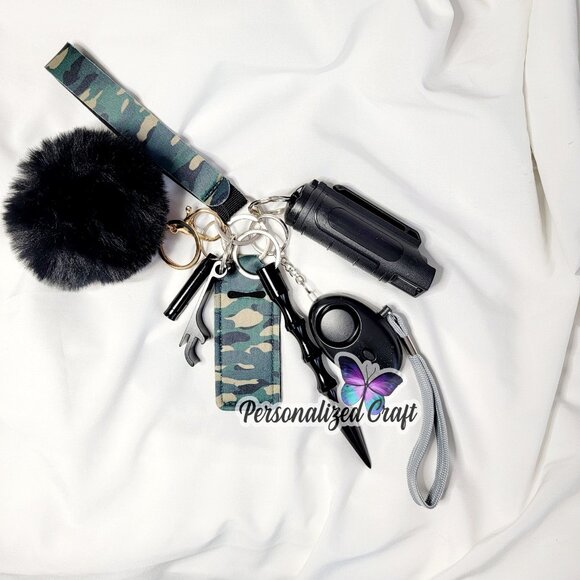 8 Piece Camo Safety Keychain Set, Alarm w/ Flashlight, Window Breaker, Whistle - Picture 1 of 2